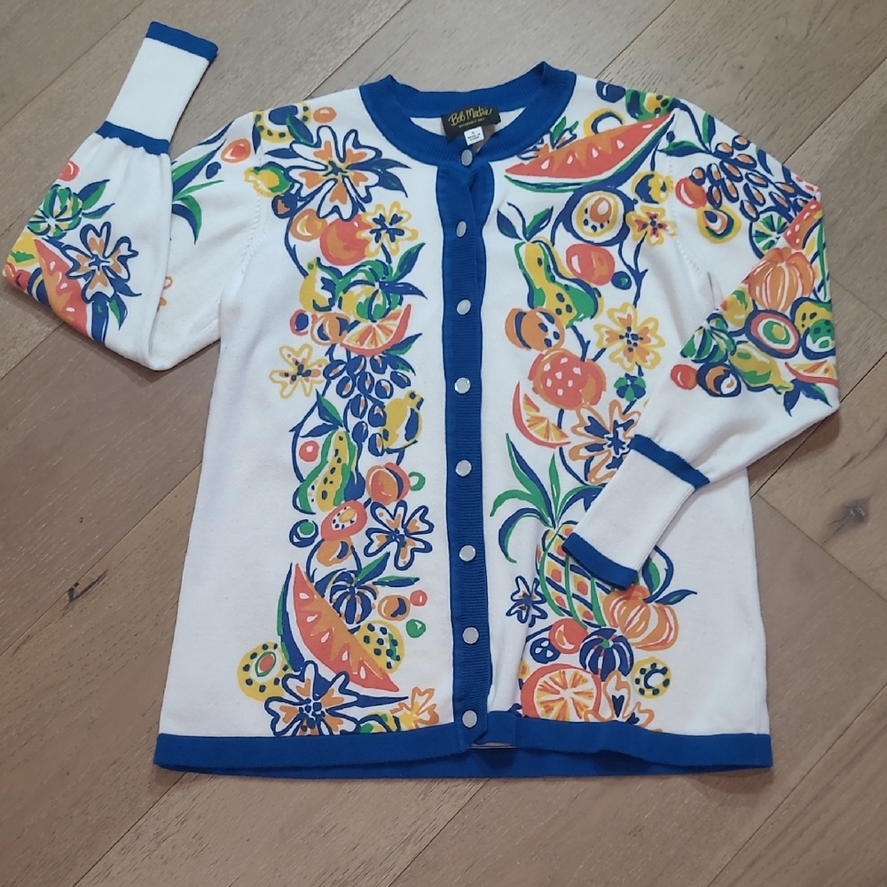 Bob Mackie Cardigan Sweater Women's sz S Tropica/Fruit Floral White/Blue Sweater